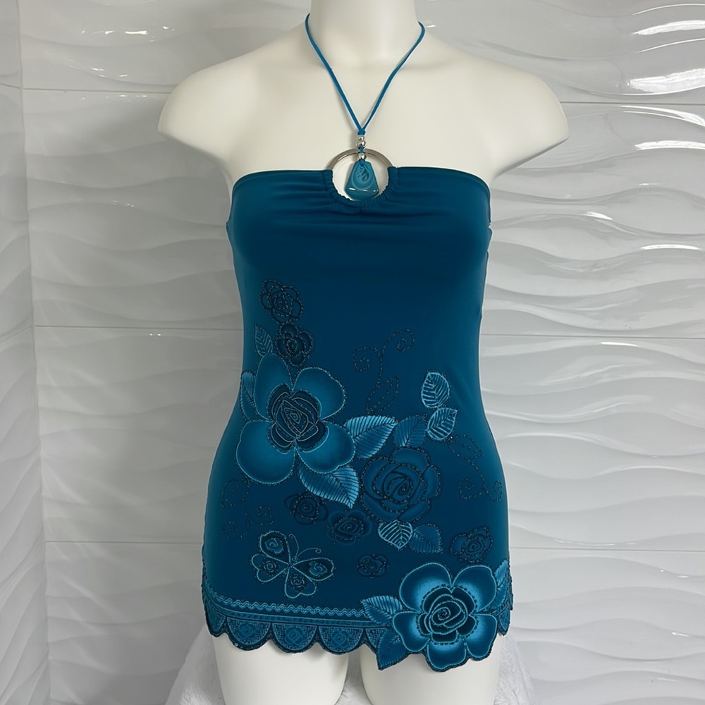 Lipstick teal flower tank top